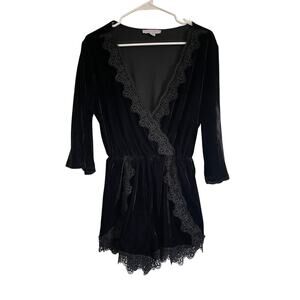 Favlux black velvet romper 3/4 bell sleeves lace trim dressy whimsy goth Medium